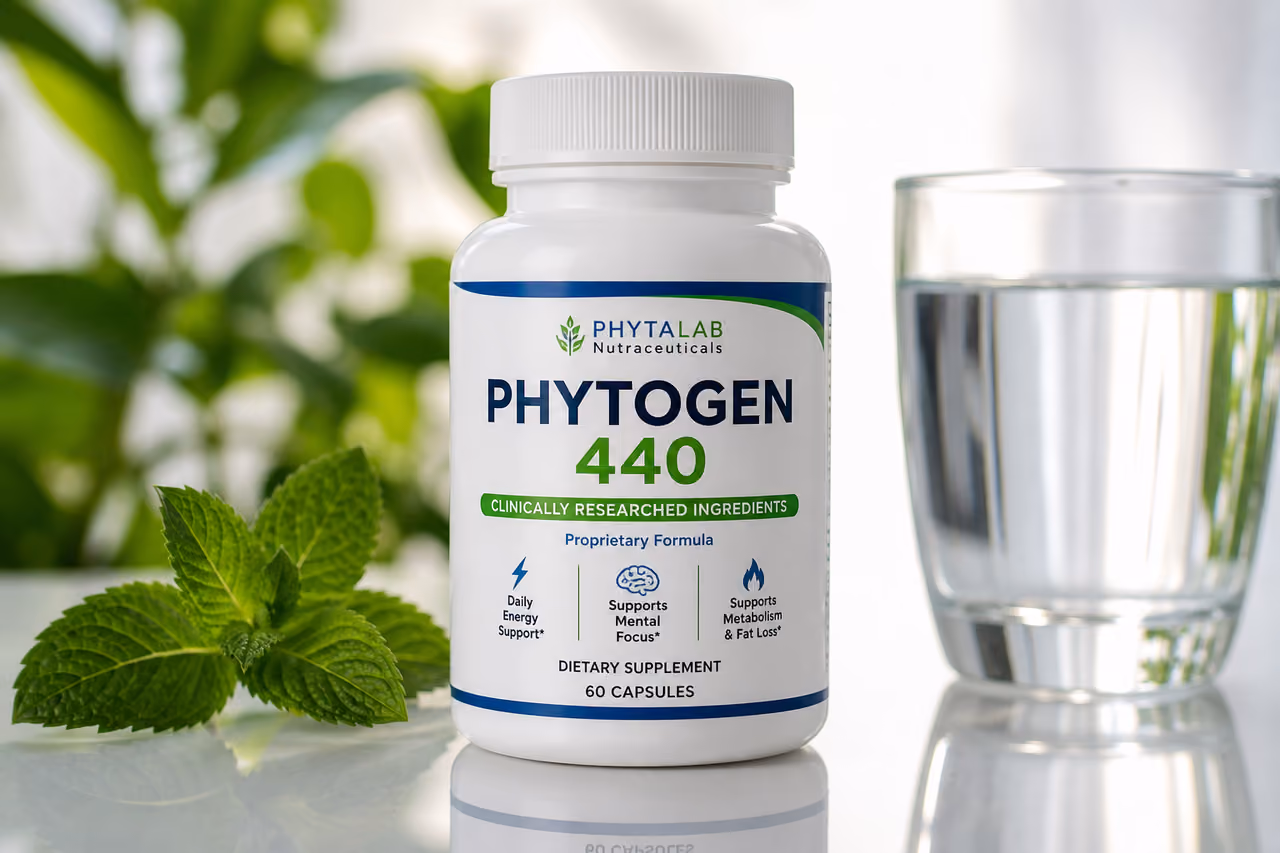 Phytogen 440 Supplement Bottle with Fresh Mint and Water