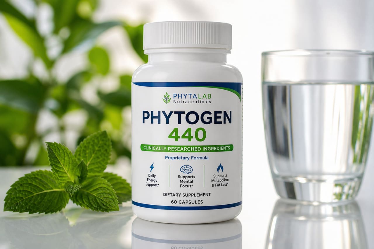 Phytogen 440 Supplement Bottle with Fresh Mint and Water