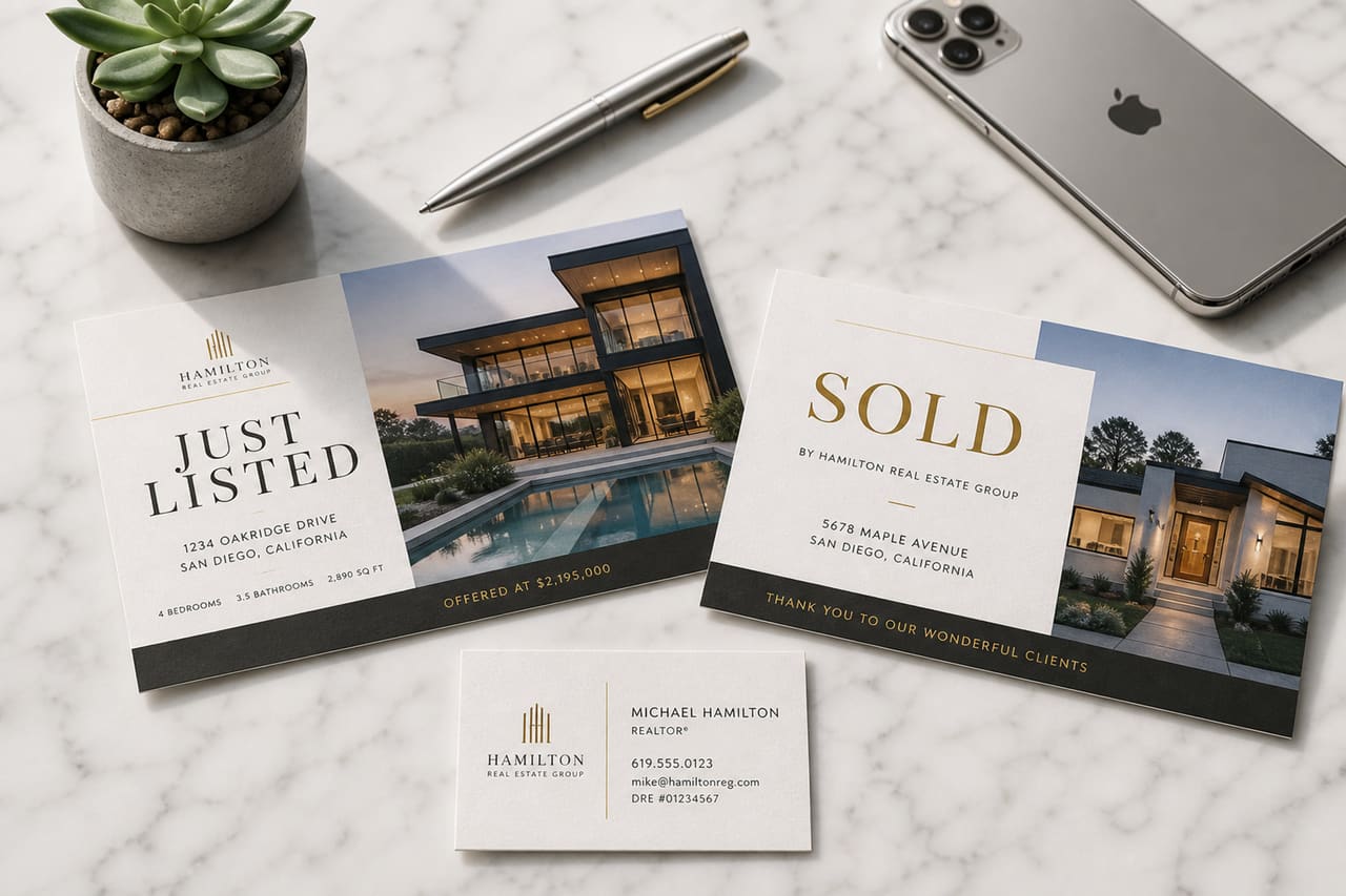 Luxury Real Estate Marketing Cards on Marble Desk