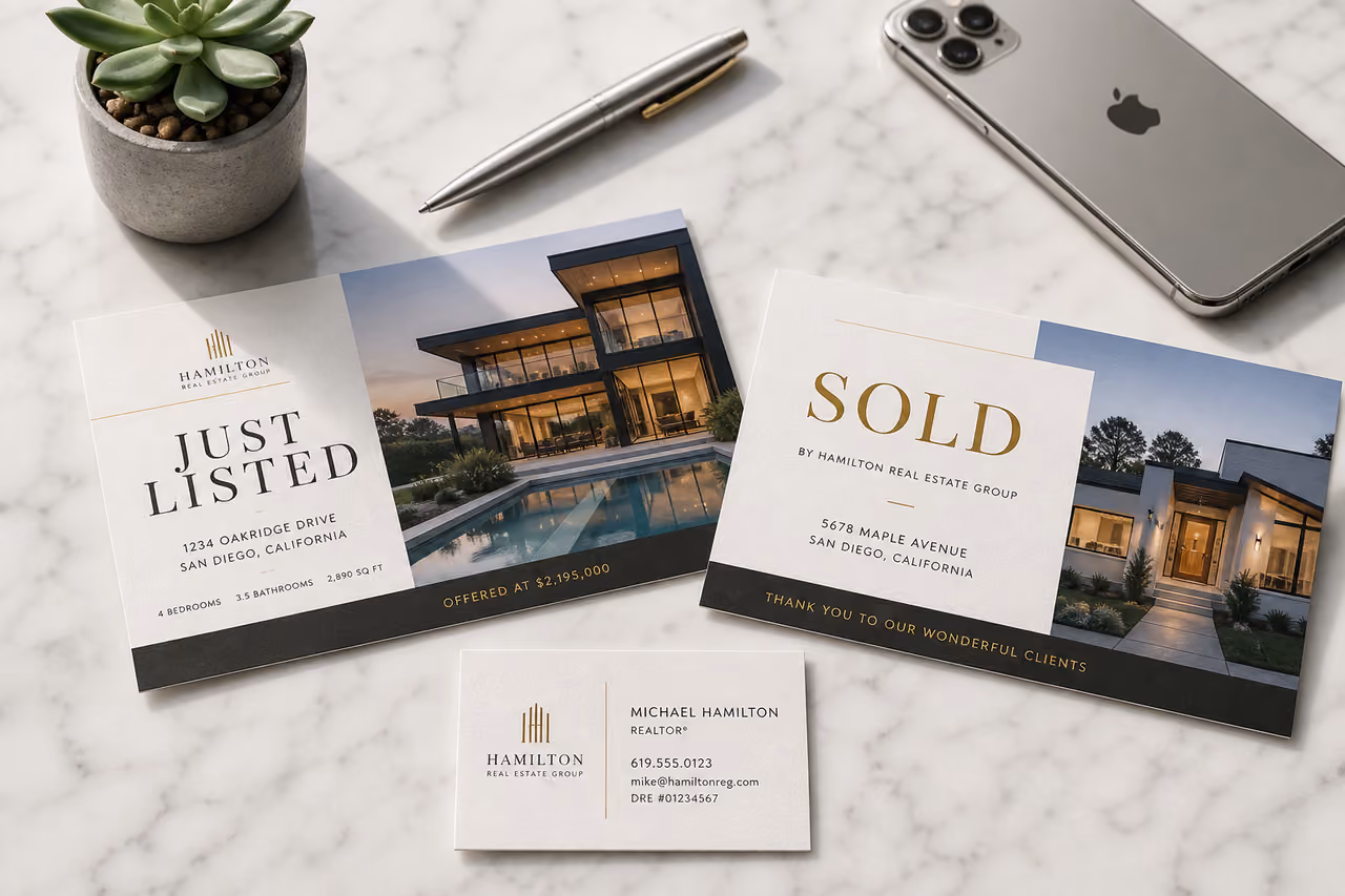 Luxury Real Estate Marketing Cards on Marble Desk