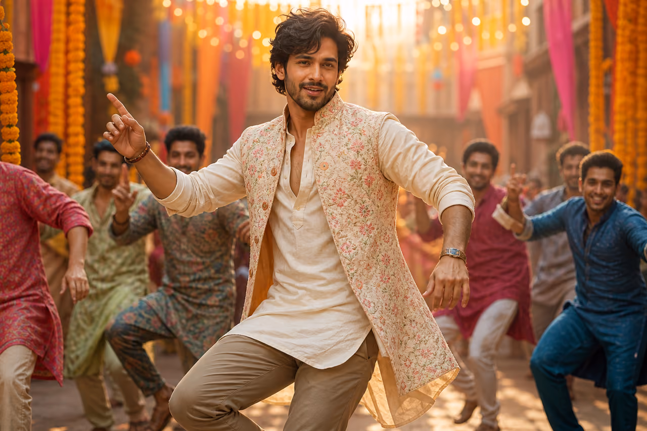 Male Performer Dancing in a Vibrant Bollywood Street Scene