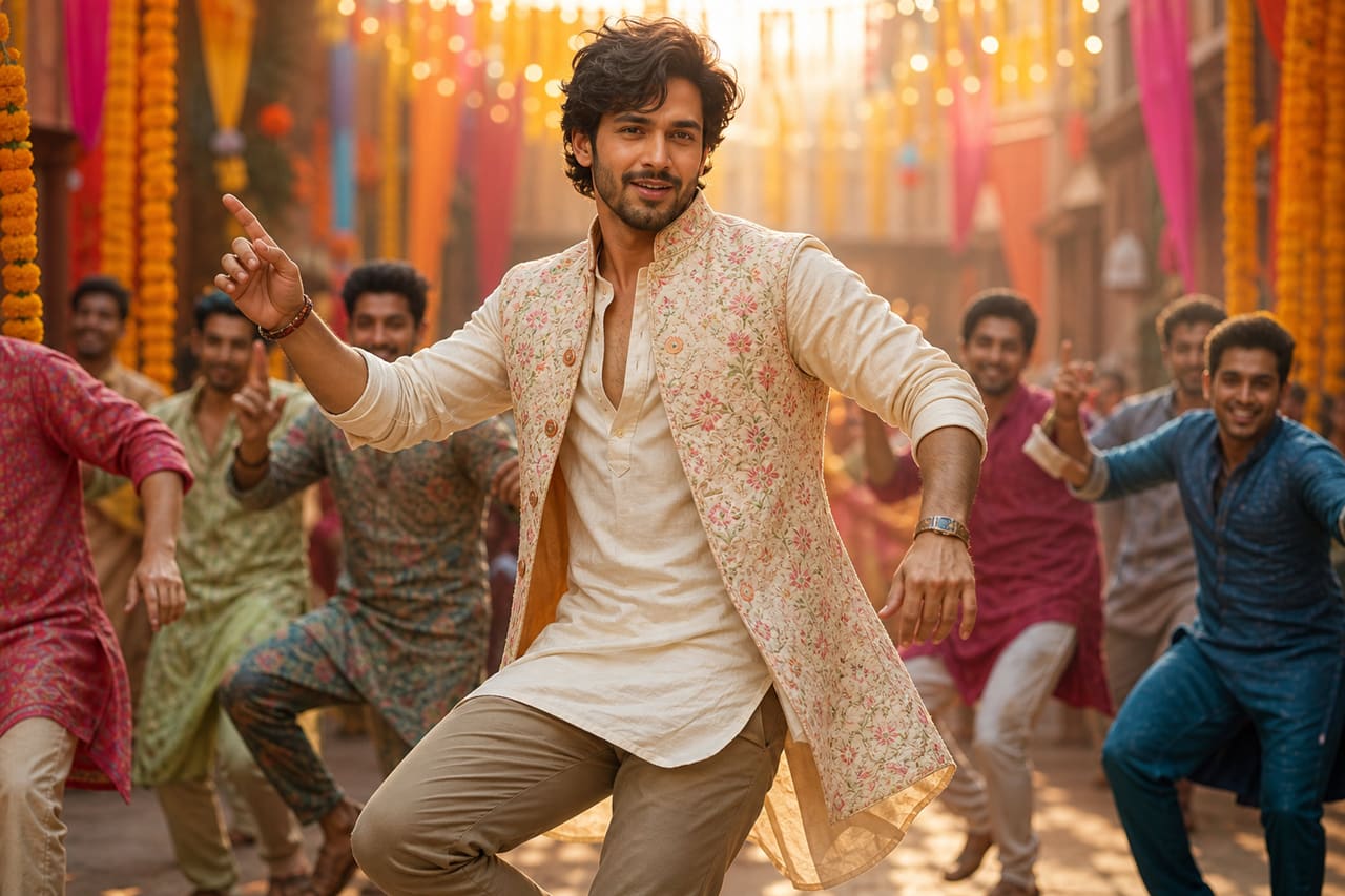Male Performer Dancing in a Vibrant Bollywood Street Scene