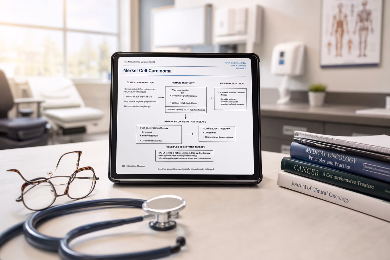 Doctor Reviewing Merkel Cell Carcinoma Treatment Guidelines on Tablet