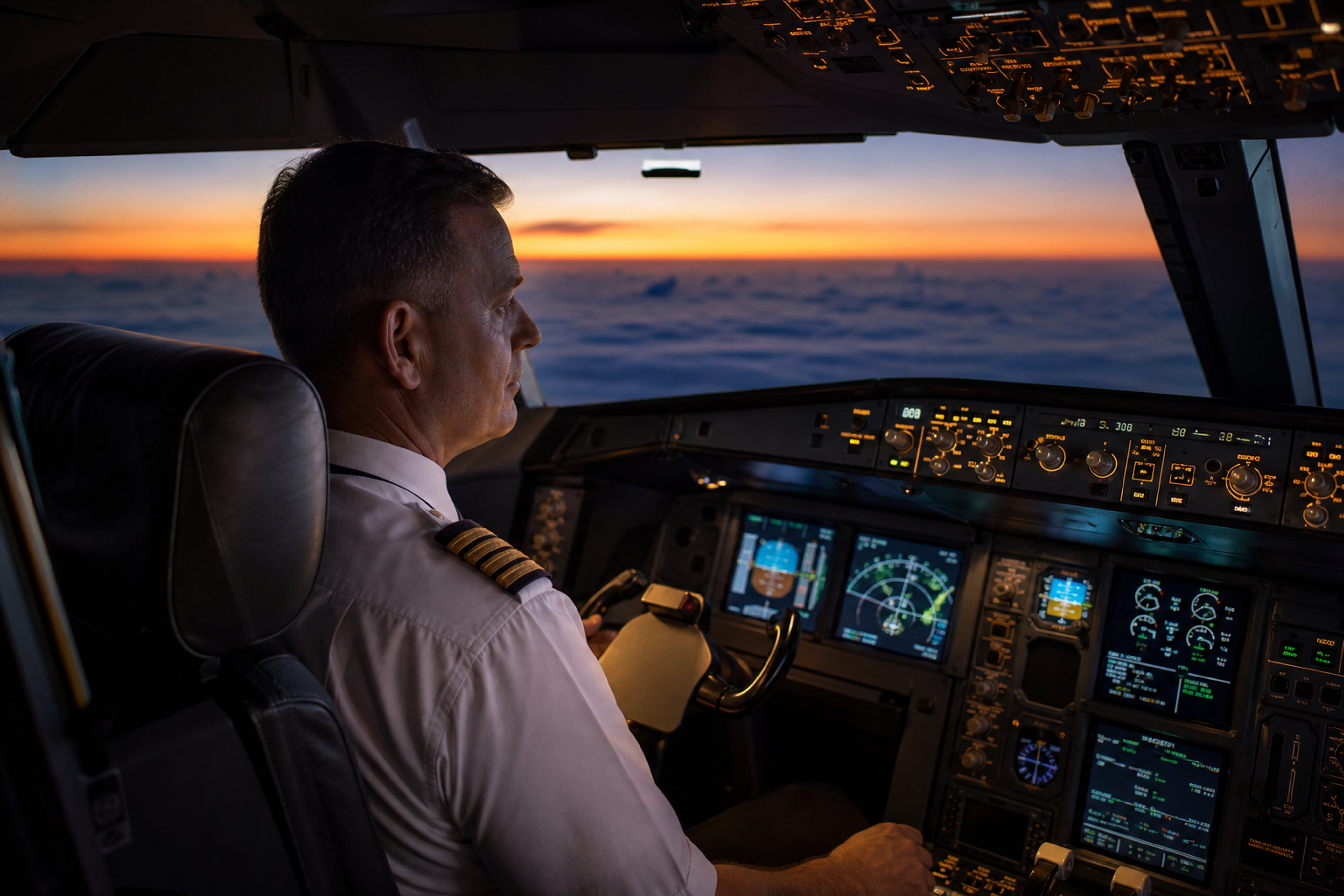 Airline Pilot Operating a Flight Simulator Cockpit