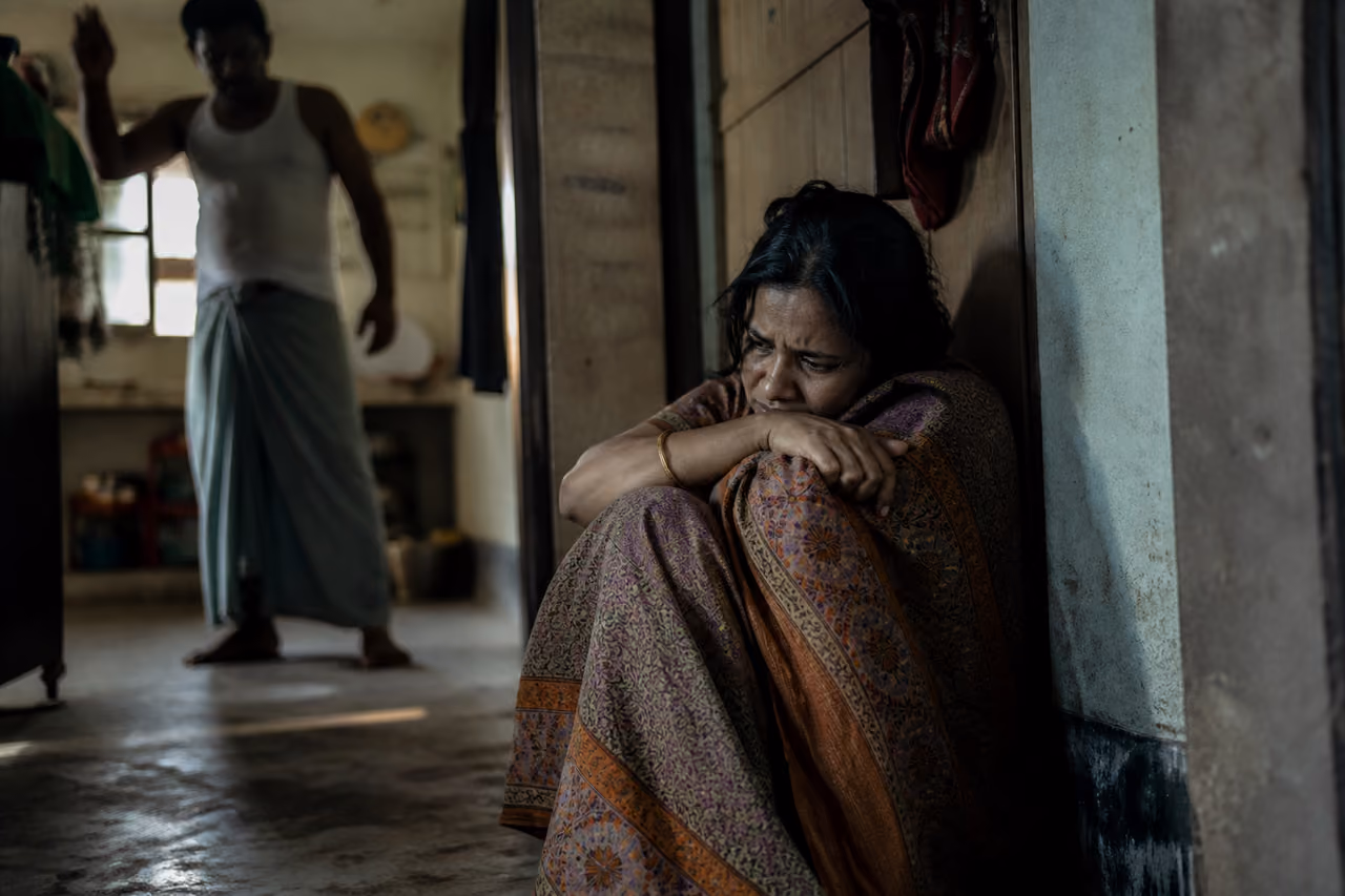 Distressed Woman in a Dimly Lit Bangladeshi Home