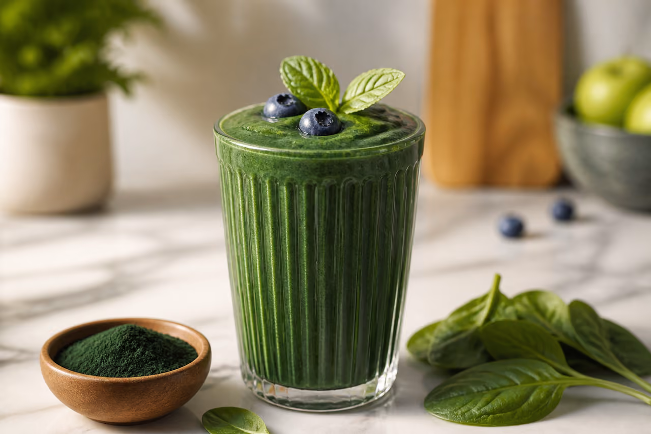 Green Smoothie Spirulina Drink with Blueberries on Marble
