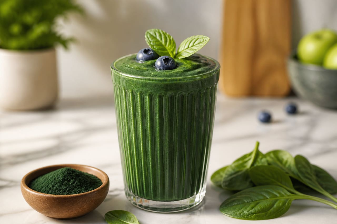 Green Smoothie Spirulina Drink with Blueberries on Marble