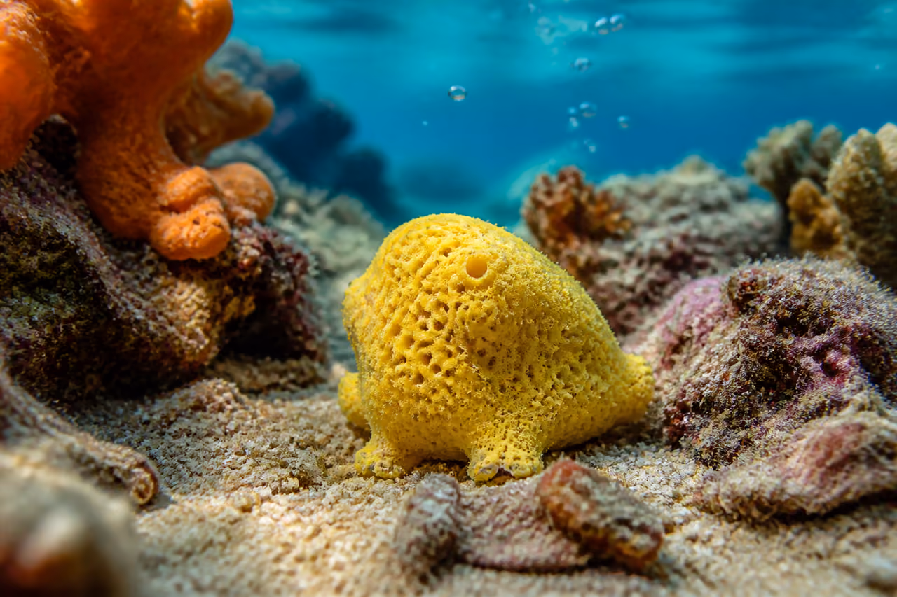 Cute Baby Sea Sponge Sitting on Sandy Ocean Floor