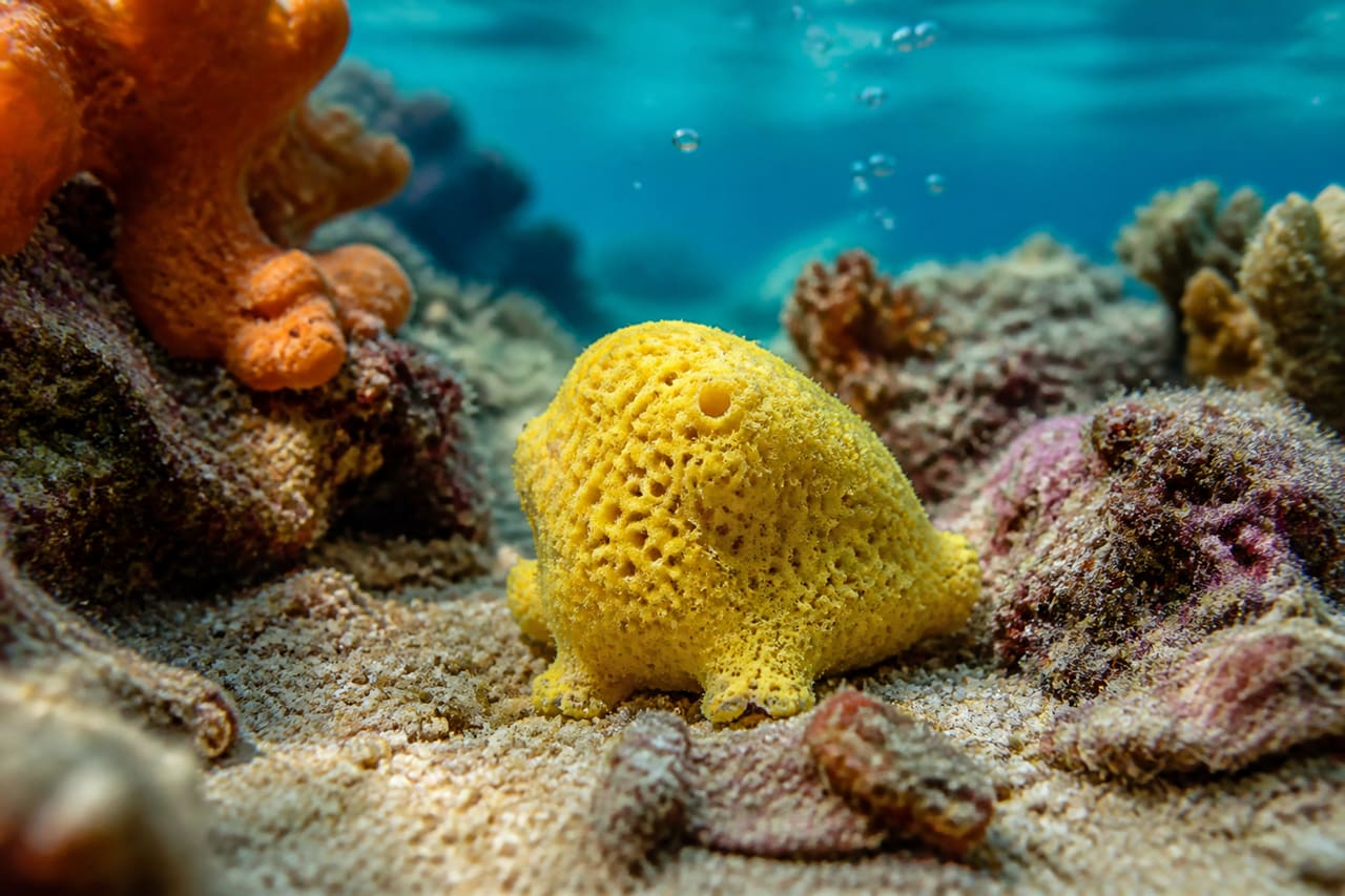 Cute Baby Sea Sponge Sitting on Sandy Ocean Floor