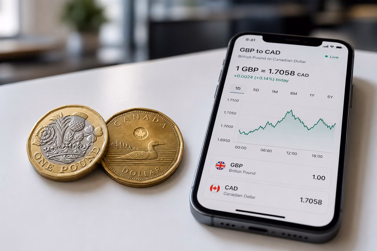 British Pound and Canadian Dollar Coins Beside Exchange App