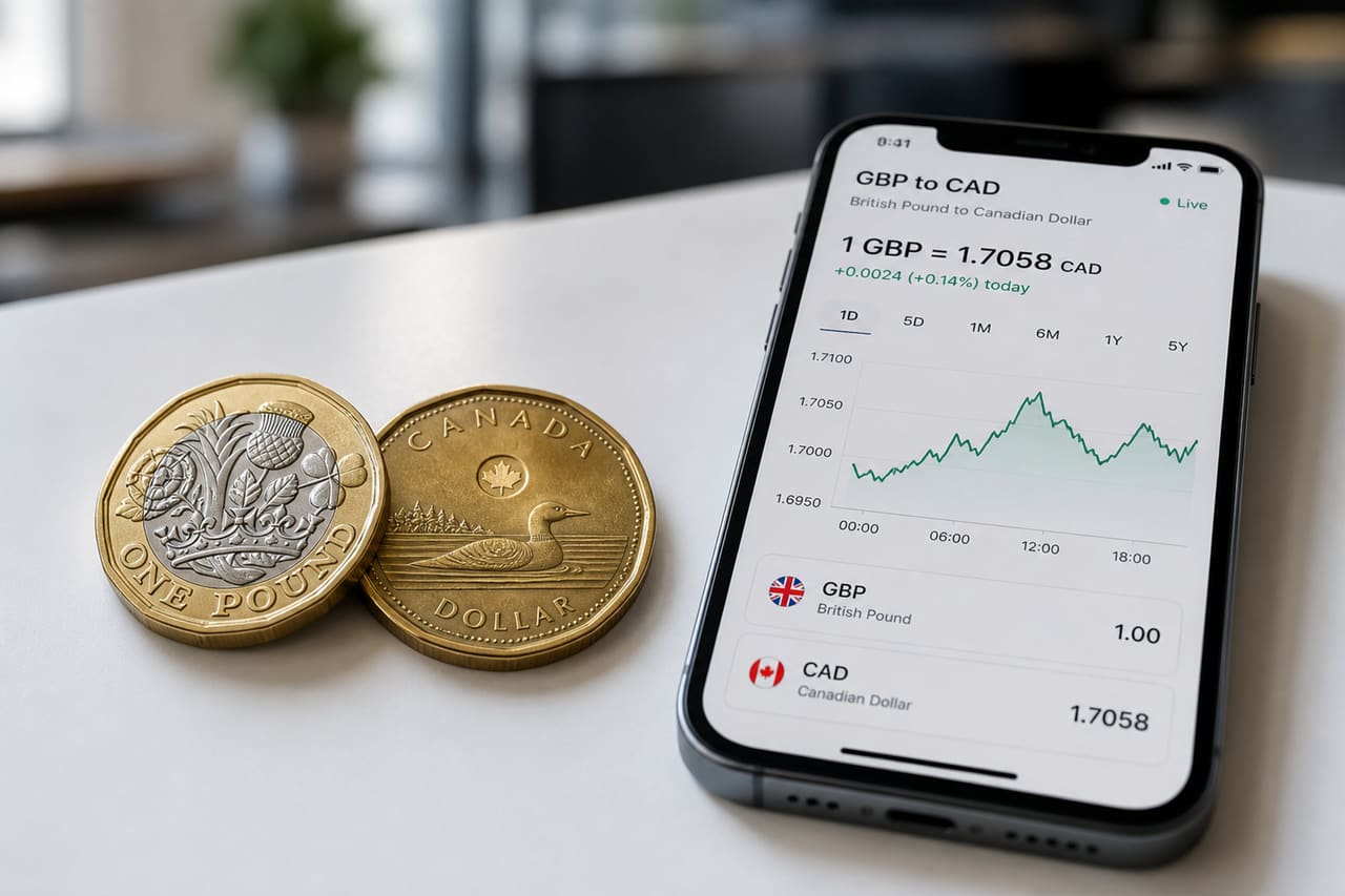 British Pound and Canadian Dollar Coins Beside Exchange App