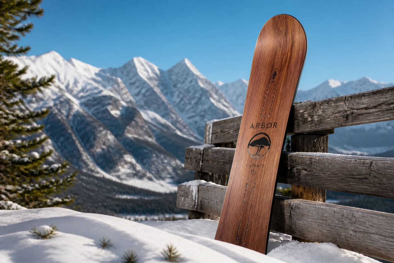 Arbour Snowboard Leaning Against Wooden Fence in Canadian Mountains
