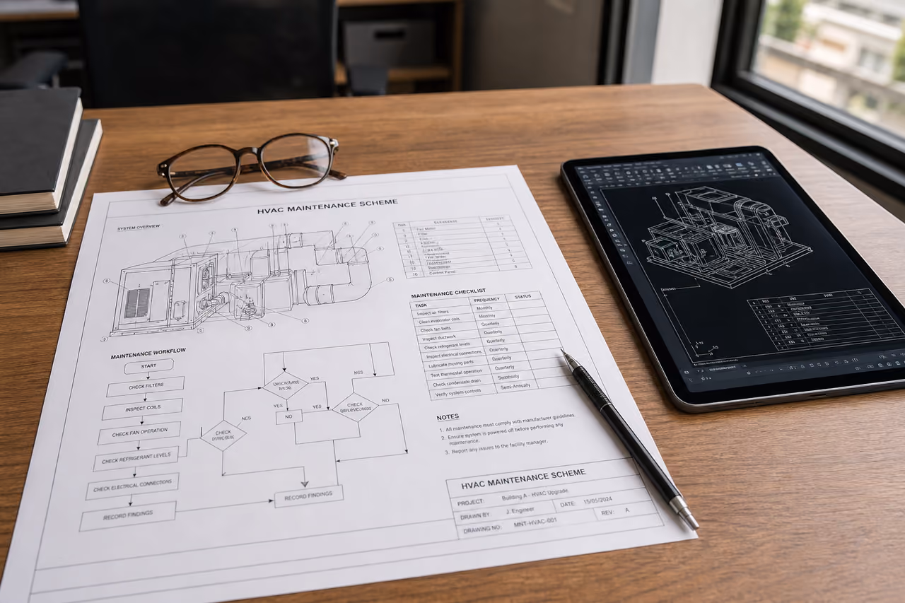 Engineer Reviewing a Technical Maintenance Scheme on a Desk
