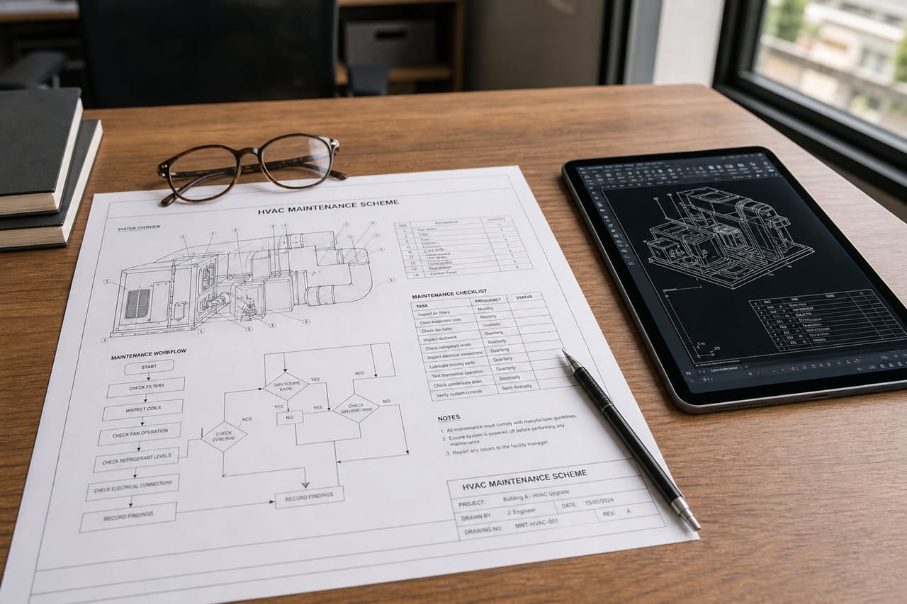 Engineer Reviewing a Technical Maintenance Scheme on a Desk