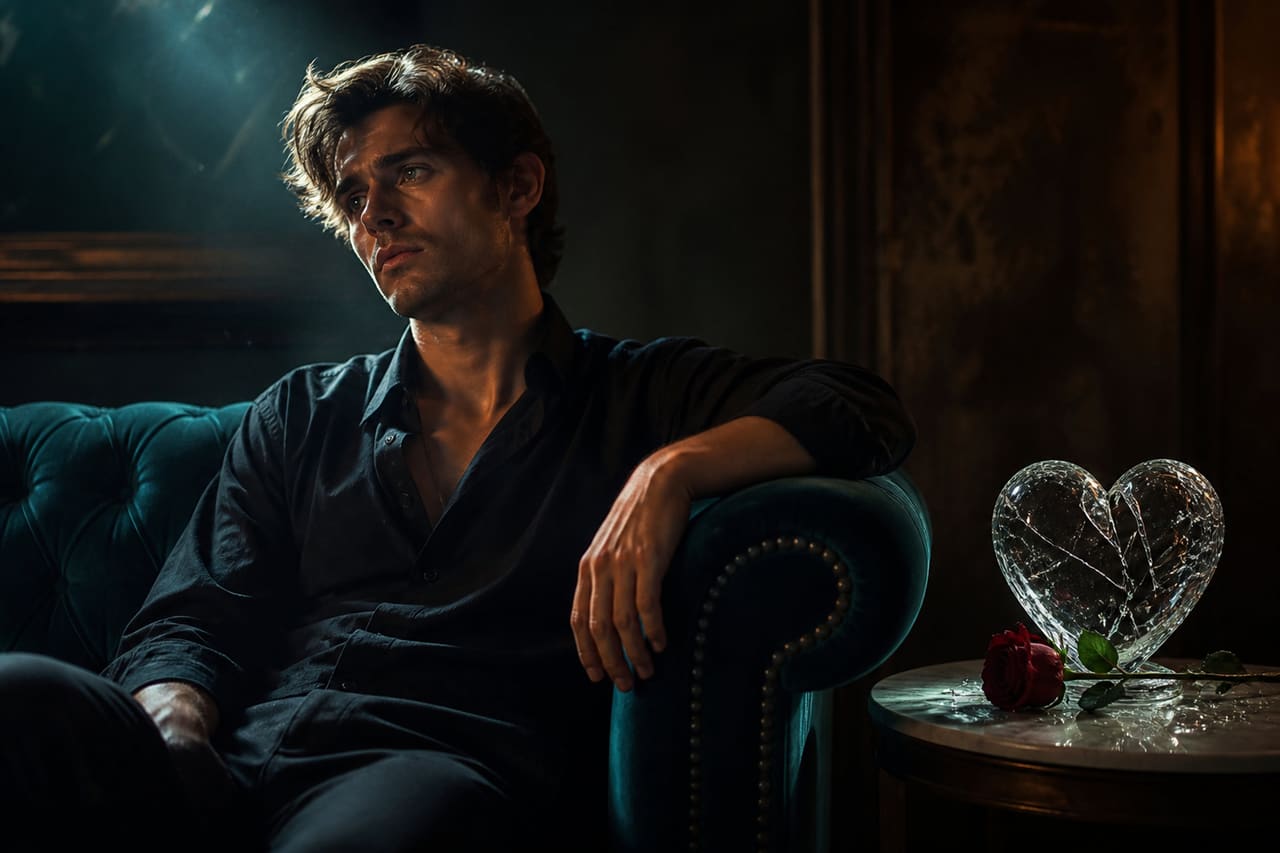 Melancholy Man Sitting Alone with Broken Heart Sculpture