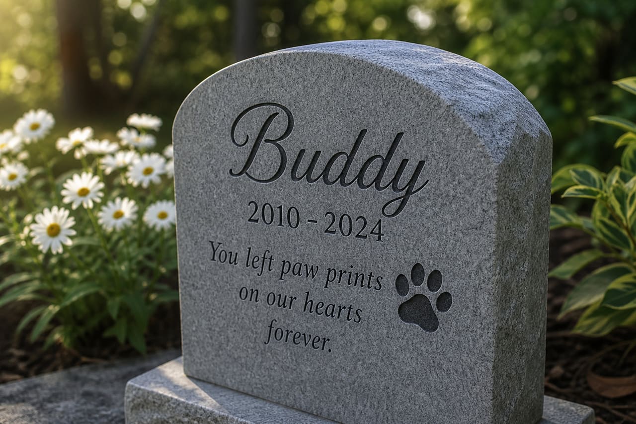 Engraved Granite Stone with Pet Memorial Inscriptions in a Garden