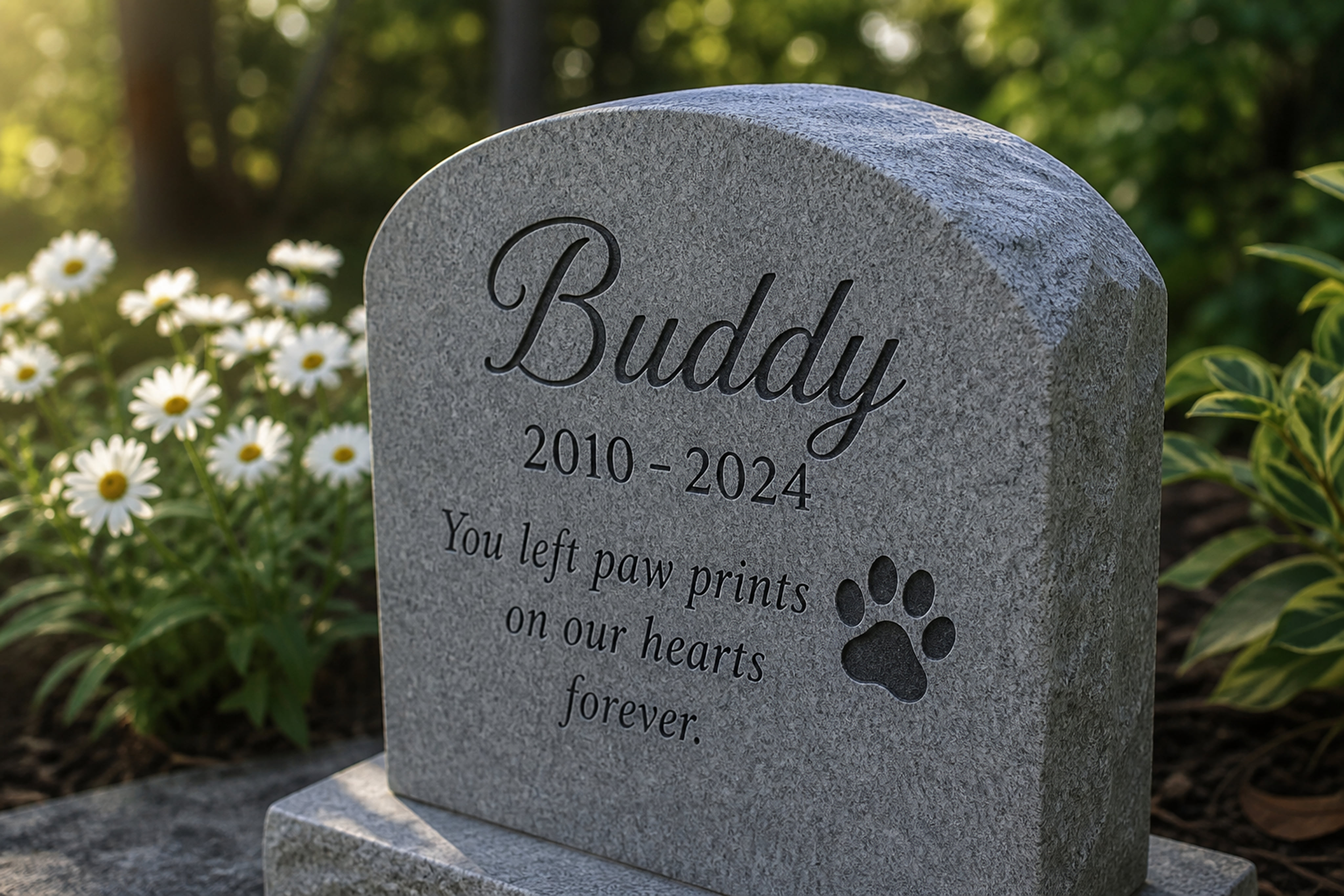 Engraved Granite Stone with Pet Memorial Inscriptions in a Garden