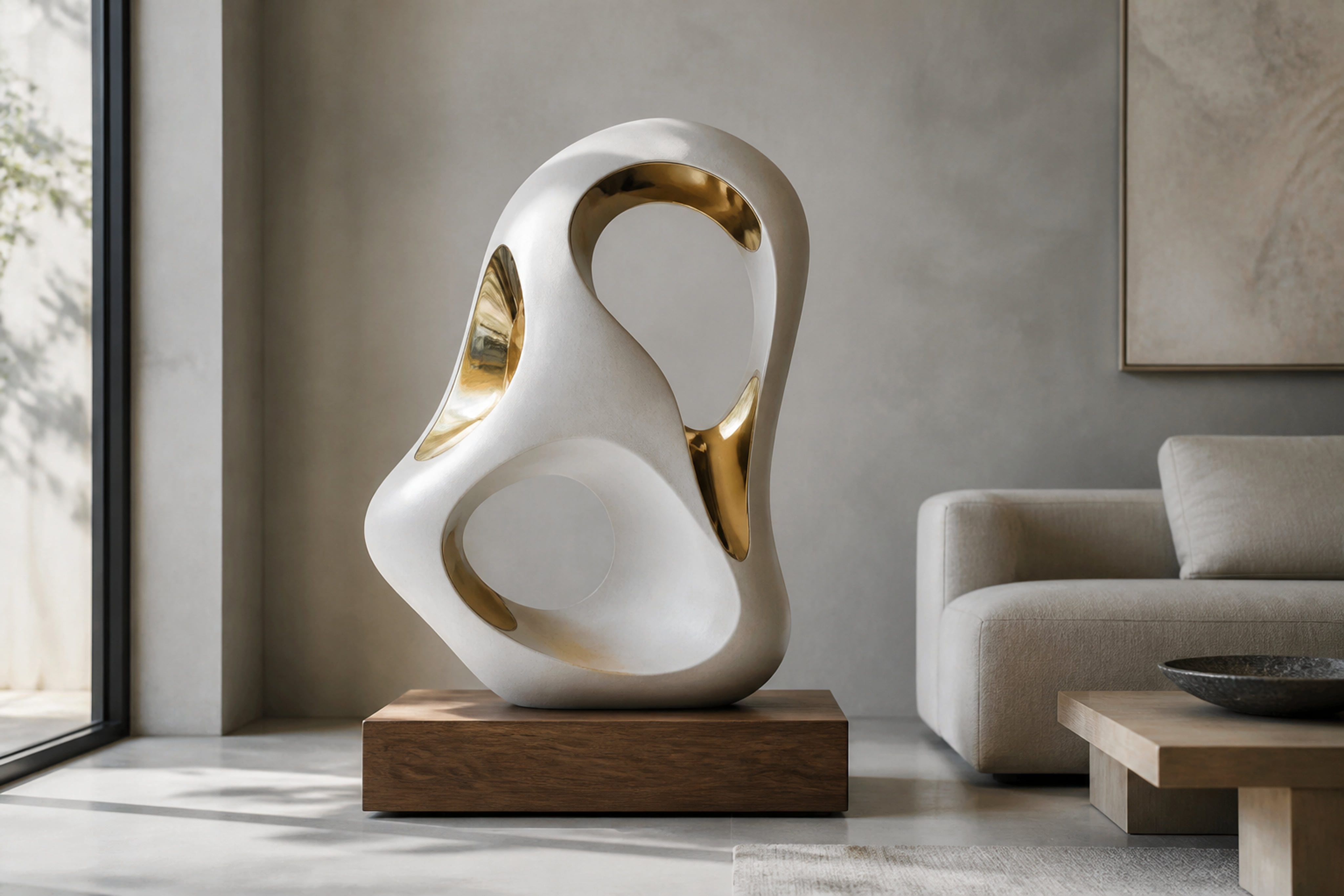 Modern Abstract Sculpture on a Pedestal in a Minimalist Living Room