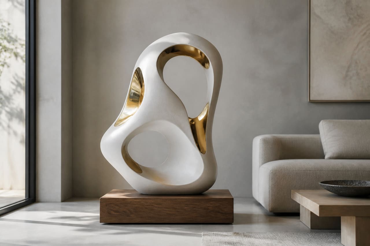 Modern Abstract Sculpture on a Pedestal in a Minimalist Living Room