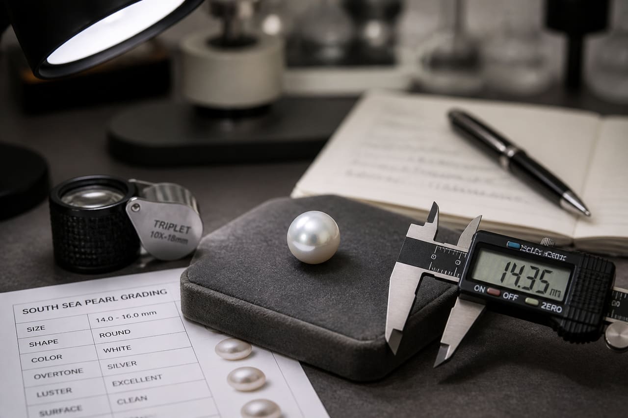 Gemologist Measuring a White Pearl for Grade Level