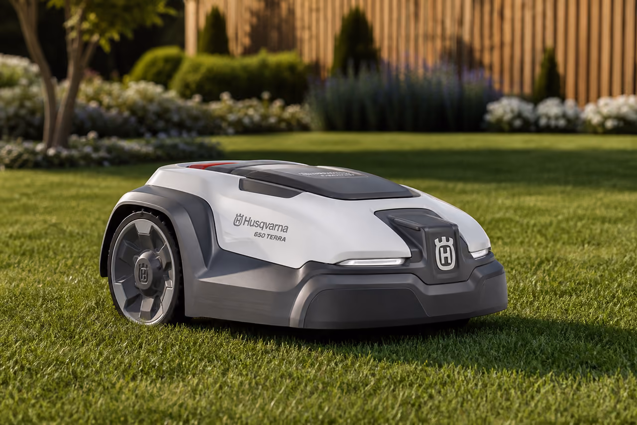 Husqvarna 650 Terra Robotic Mower on a Manicured Lawn