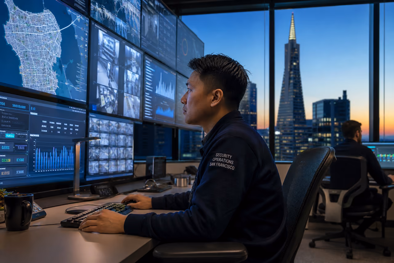 Security Professional Monitoring City Feeds in San Francisco Soc