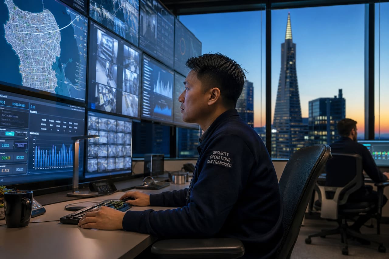 Security Professional Monitoring City Feeds in San Francisco Soc