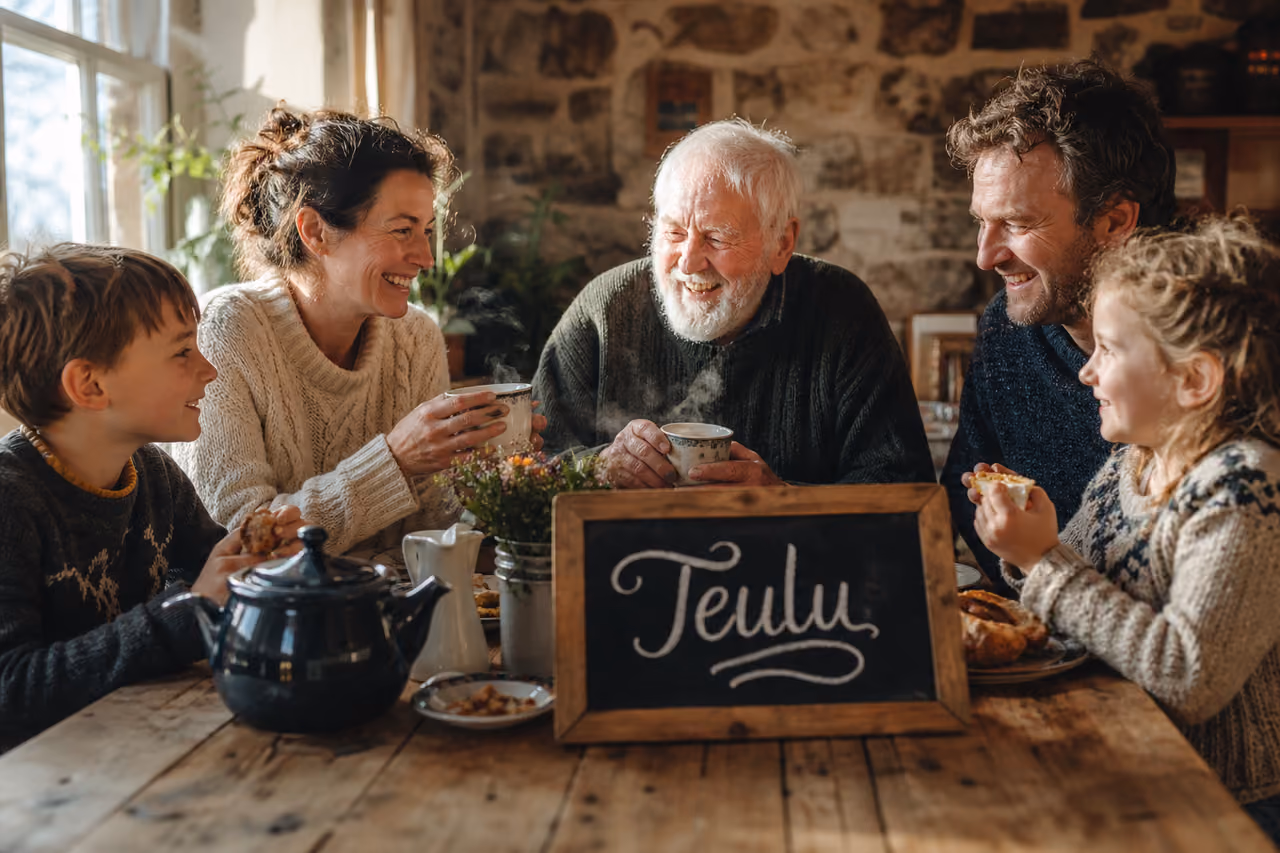 Multi-Generational Family Gathering Around a Table with Teulu Sign