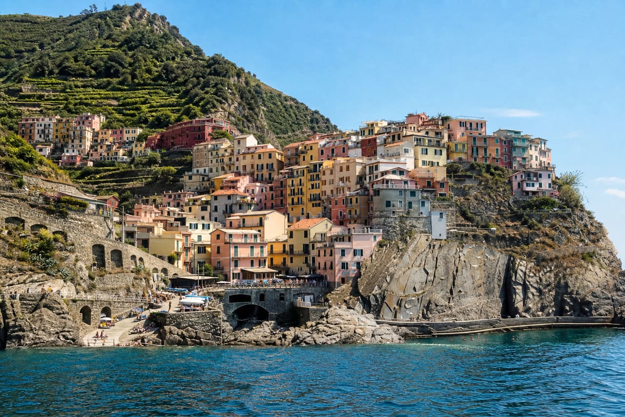 Colorful Cliffside Villages of Cinque Terre Viewed from the Sea