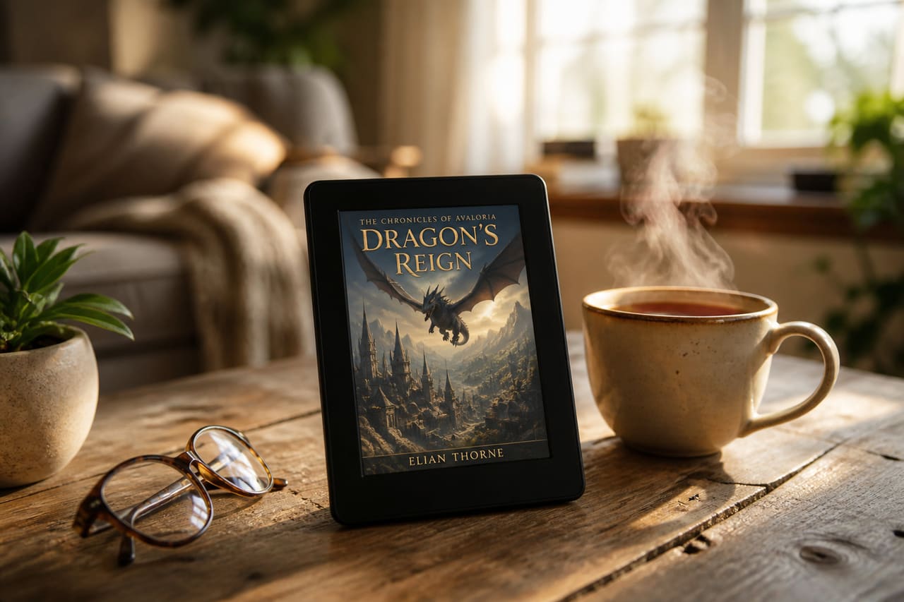 E-Reader Displaying Fantasy Novel on Rustic Wooden Table