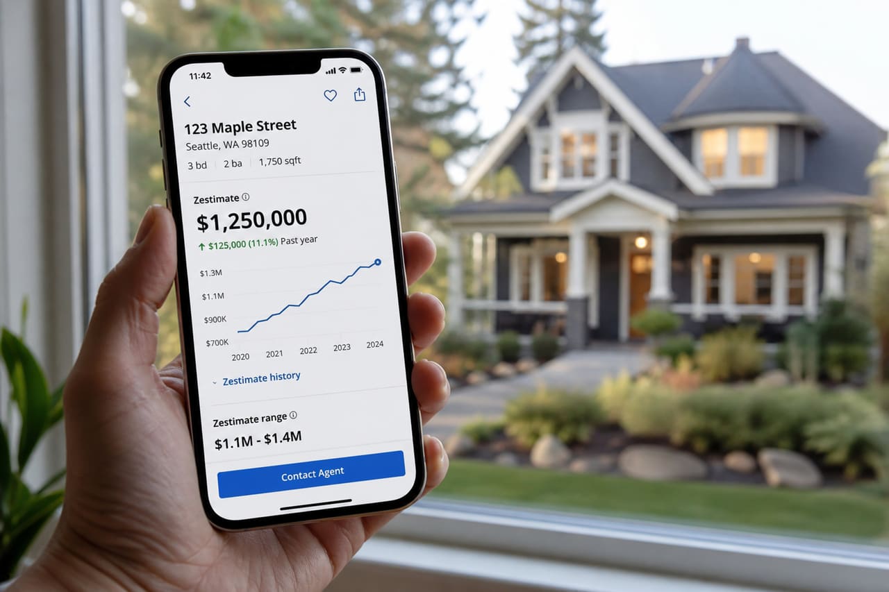 Person Checking Home Valuation App in Front of Suburban House