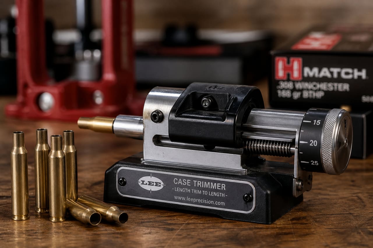 Lee Cartridge Case Trimmer on a Reloading Workbench