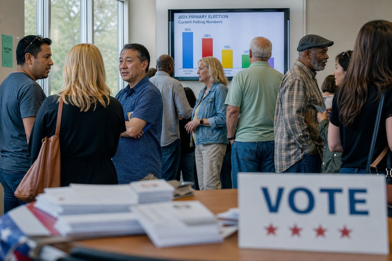Voters Reviewing Polling Data at a Primary Election Site