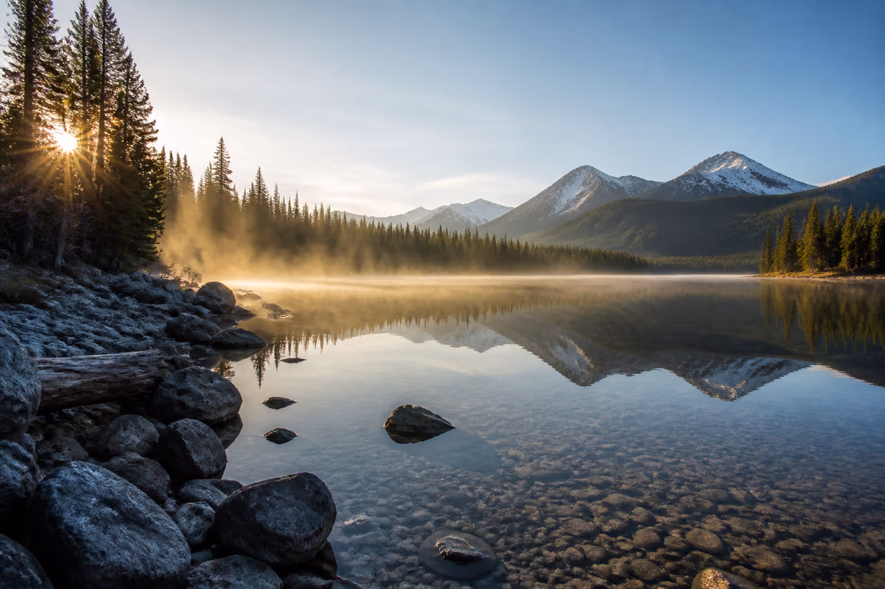Serene Alpine Lake Reflecting Mountains and Pine Forests