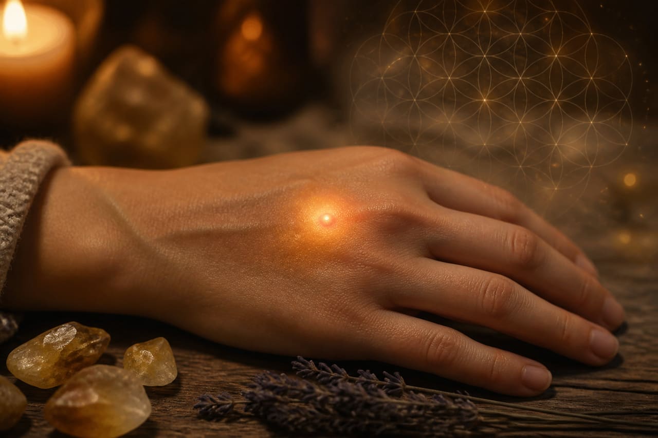Person's Hand with Glowing Bee Sting and Healing Crystals