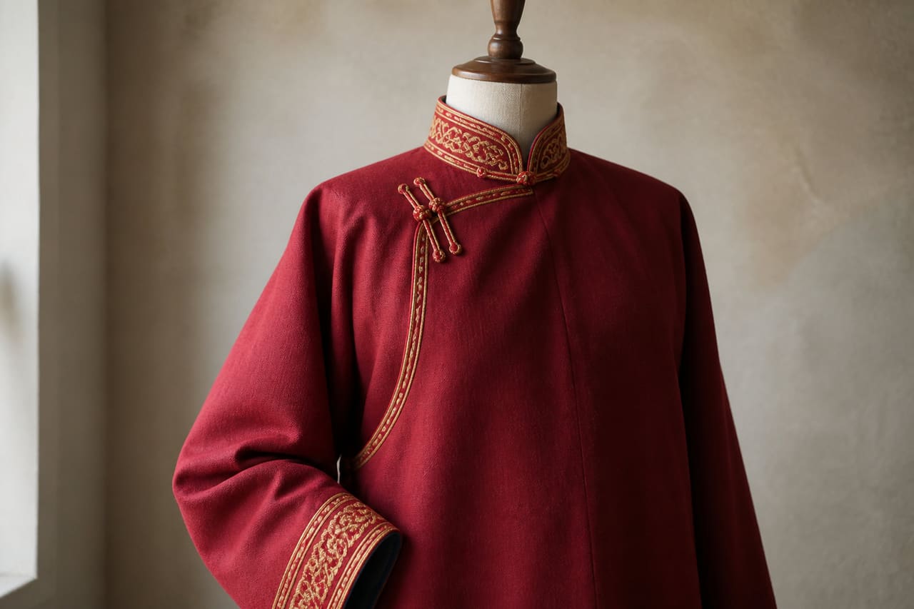 Traditional Mongolian Jacket with Gold Embroidery on Mannequin