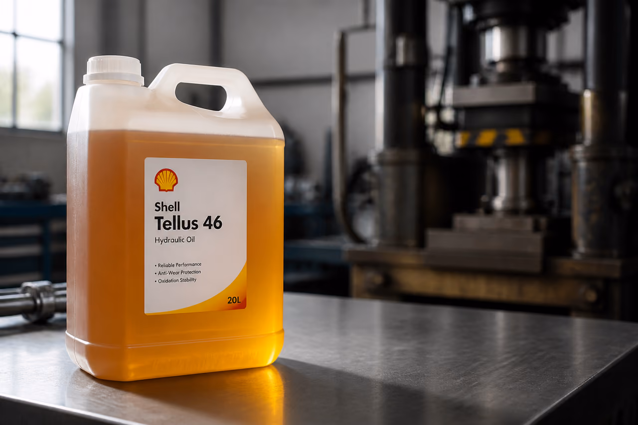 Container of Tellus 46 Hydraulic Oil on Industrial Workbench
