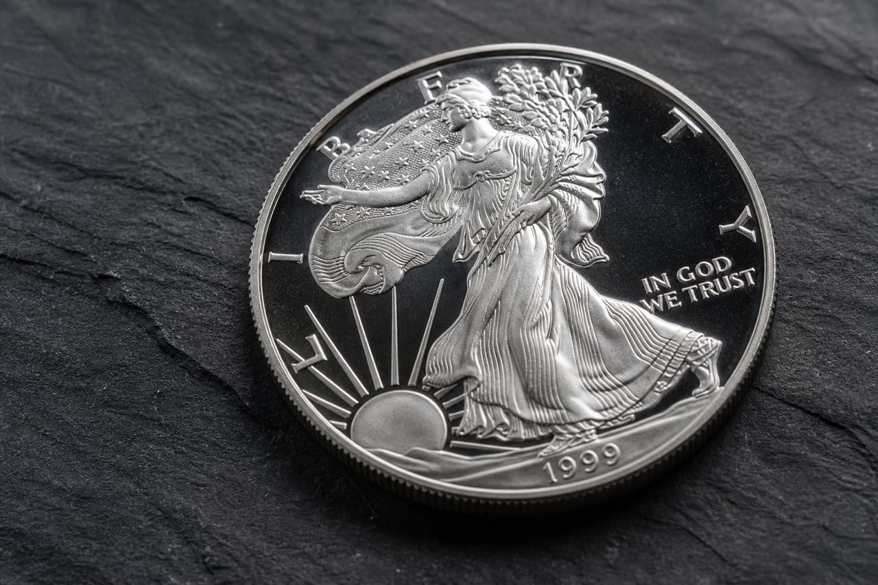 1999 American Eagle Silver Dollar on Dark Slate