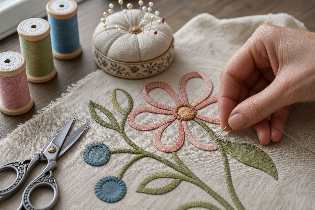 Hand Stitching a Floral Bias Applique on Linen Fabric