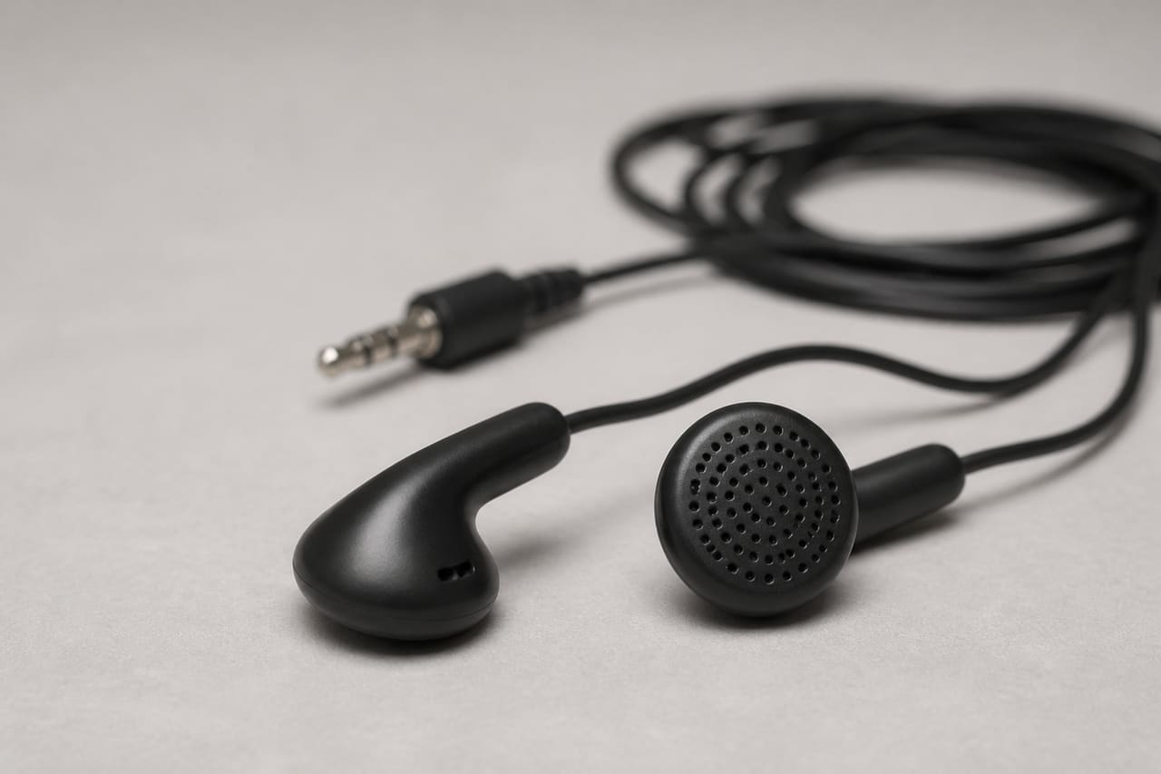 Minimalist Budget Wired Headphones on Neutral Surface