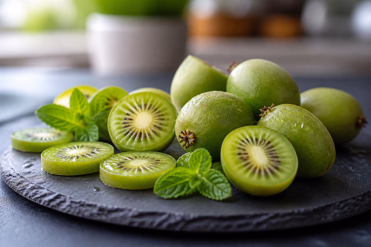 Sliced and Whole Gooseberry Kiwi on a Slate Platter