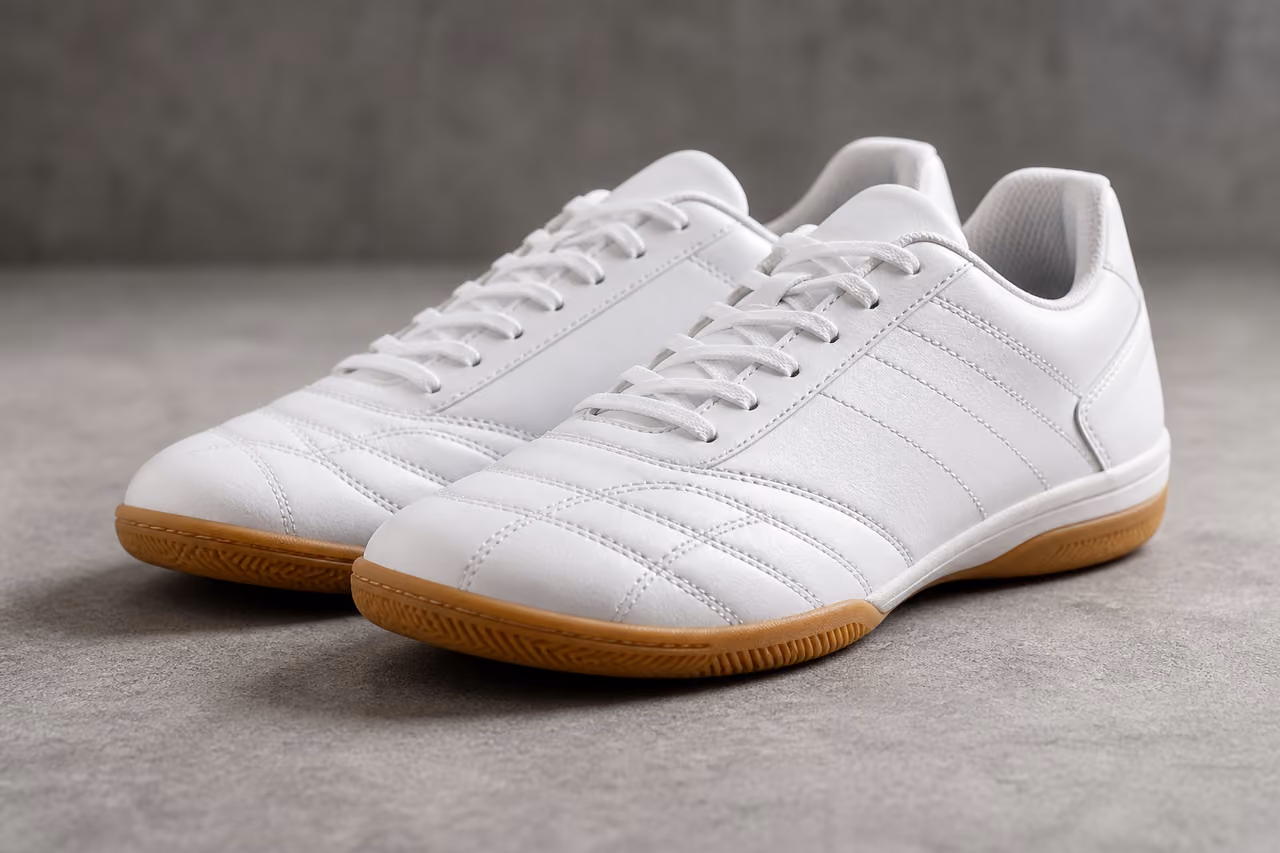 White Leather Indoor Soccer Shoes on Grey Concrete