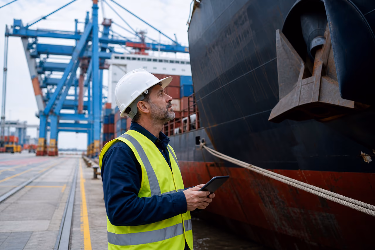 Marine Surveyor Inspecting Cargo Ship at Industrial Seaport