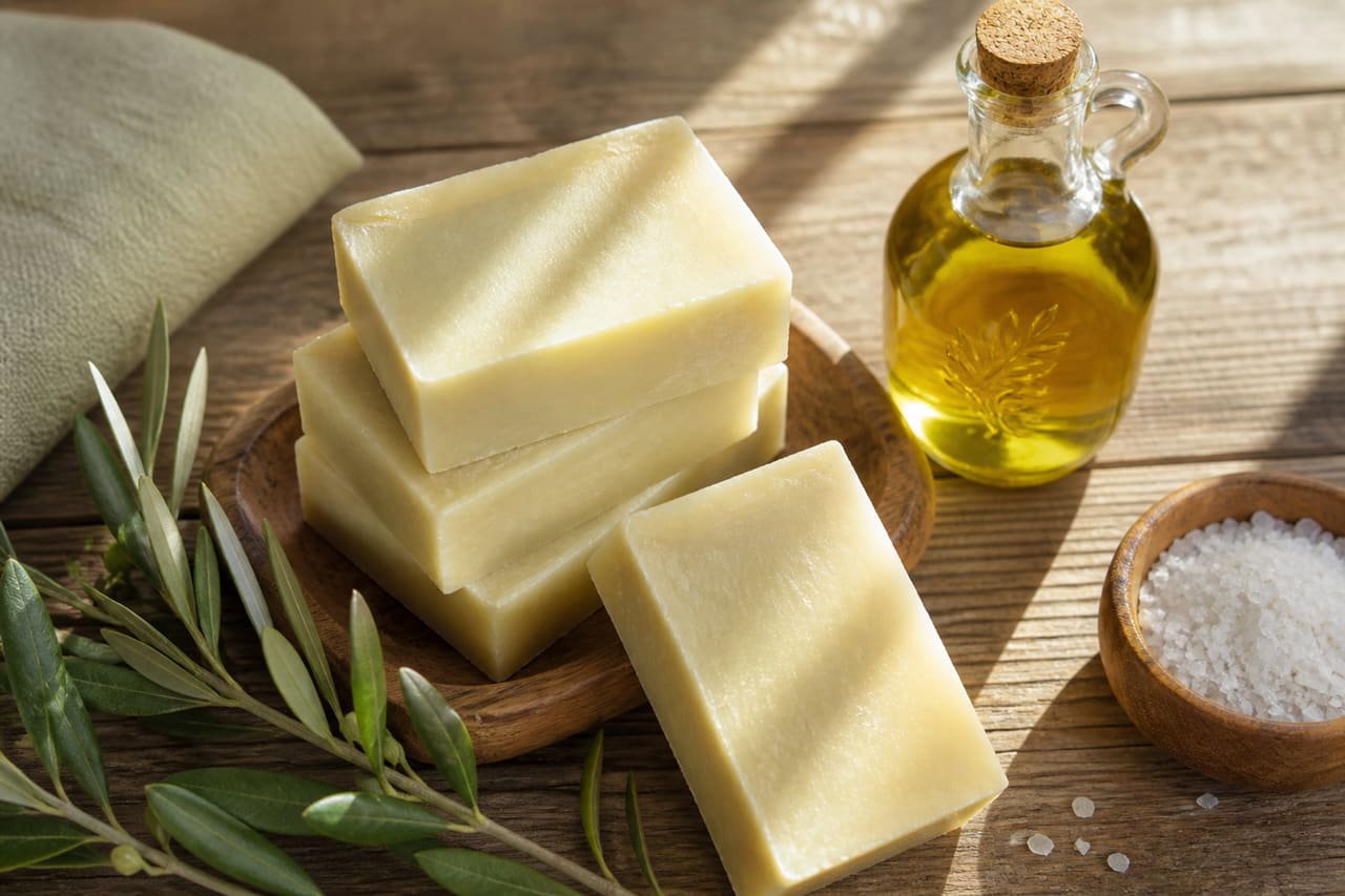 Handmade Olive Oil Soap Bars on a Rustic Wooden Table