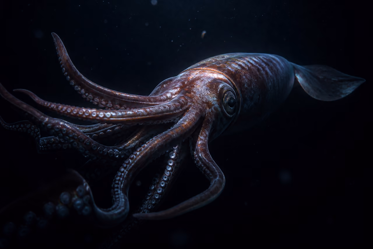 Giant Squid Floating in the Deep Ocean Abyss