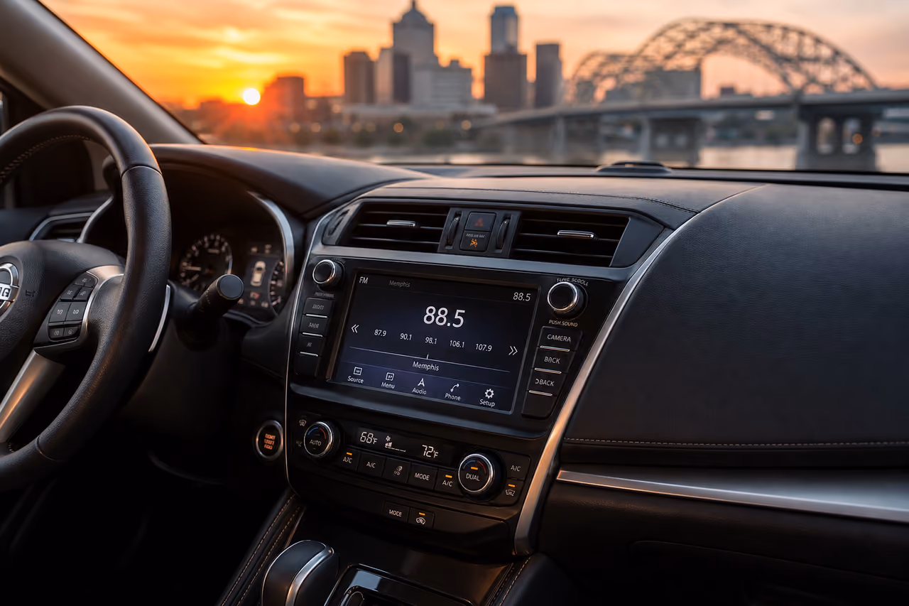 Car Radio Tuned to 88.5 Fm with Memphis Skyline Background