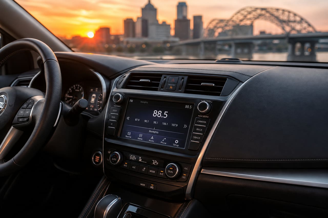 Car Radio Tuned to 88.5 Fm with Memphis Skyline Background
