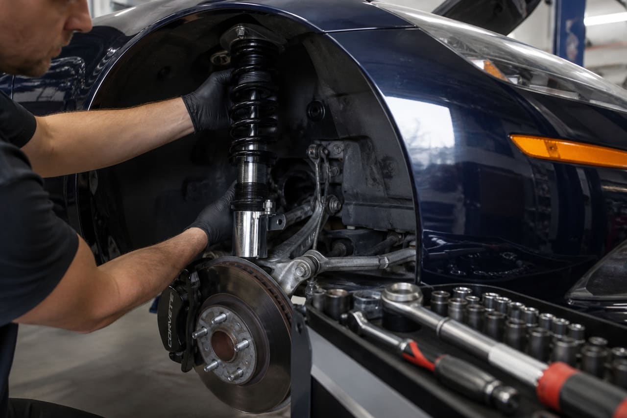 Mechanic Installing New Shock Absorber in a C6 Corvette
