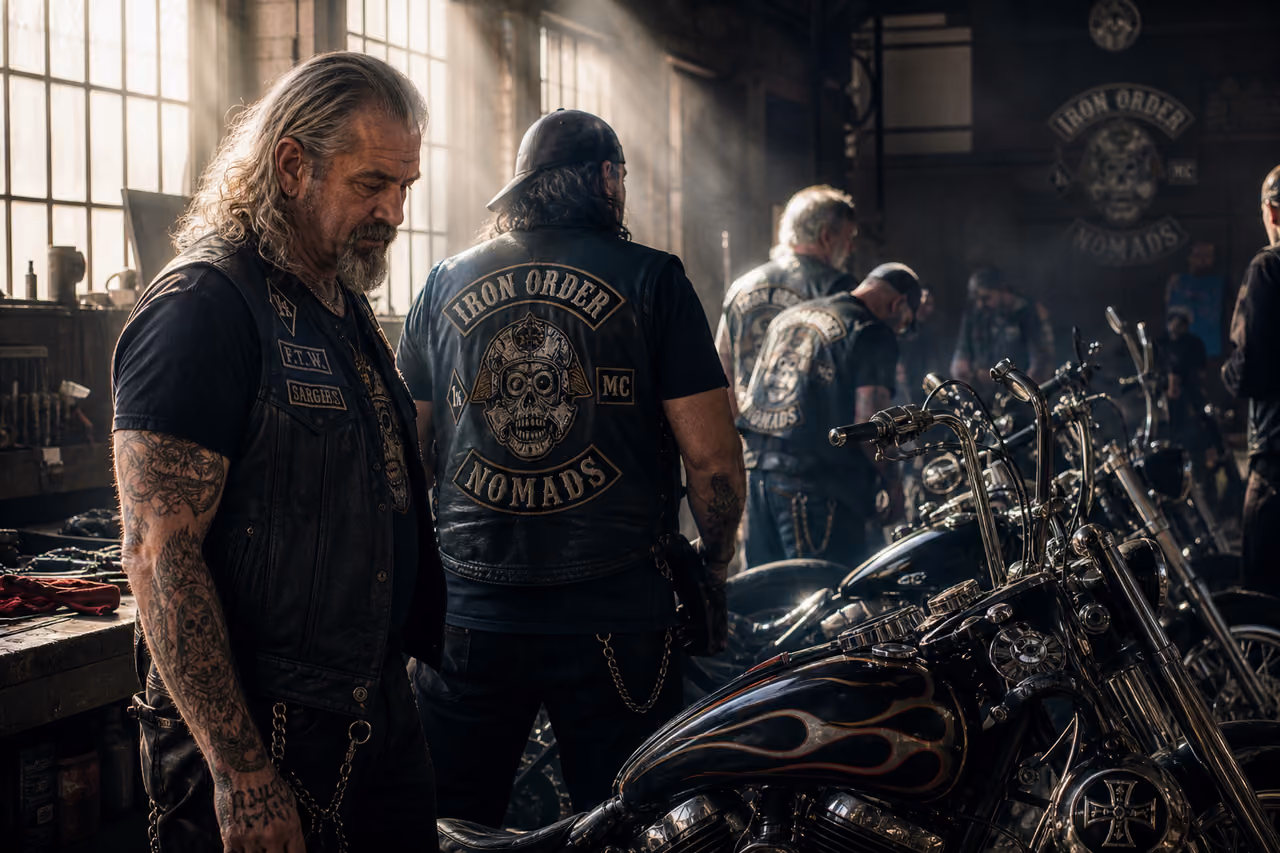 Biker Brotherhood Standing with Custom Motorcycles in Industrial Garage
