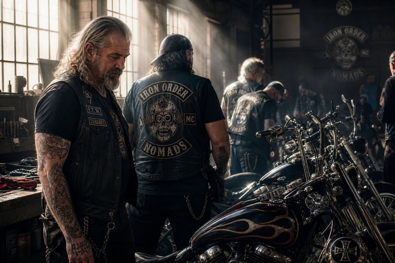 Biker Brotherhood Standing with Custom Motorcycles in Industrial Garage
